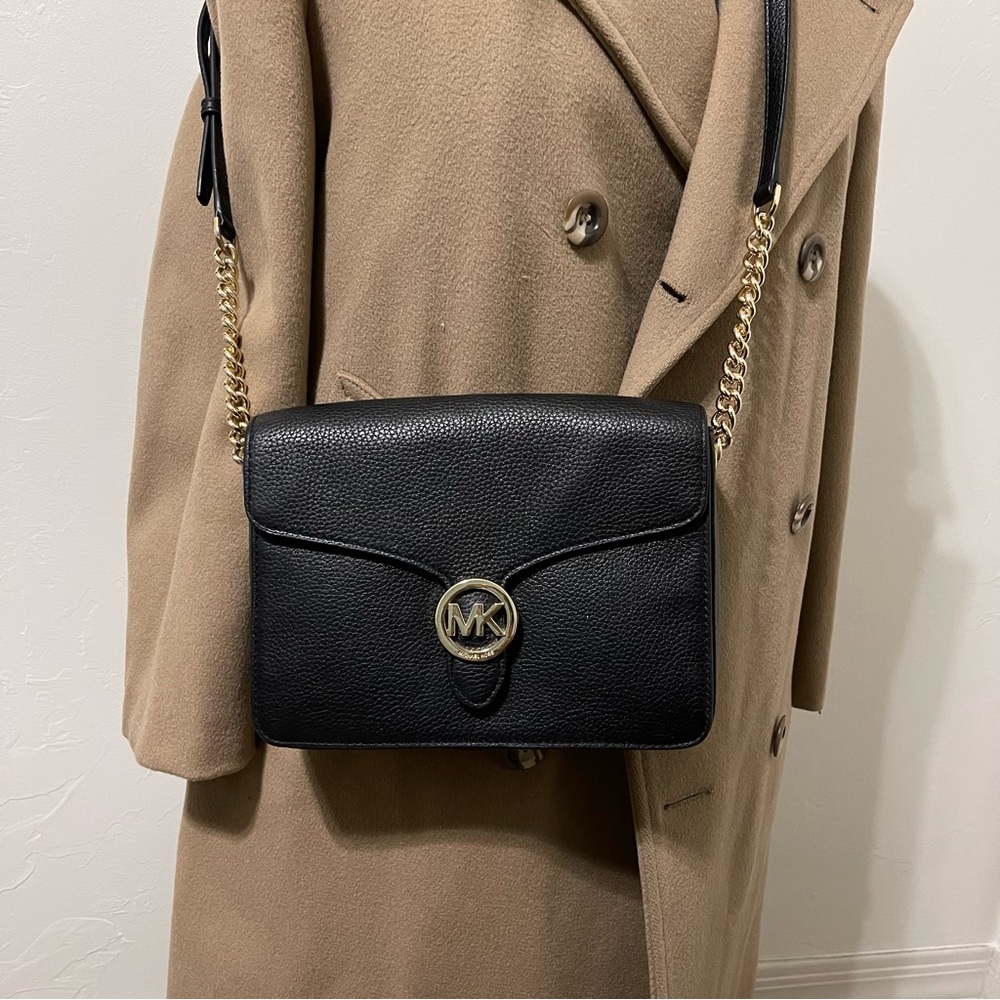 Michael Kors Black Leather Crossbody with Gold Chain